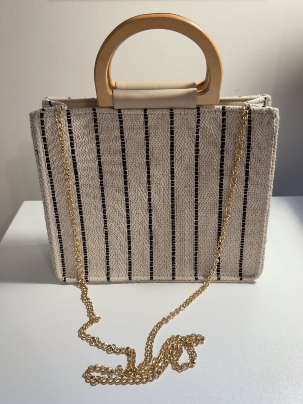 Isaac Mizrahi Striped Woven Wood Handle Chain Shoulder Bag